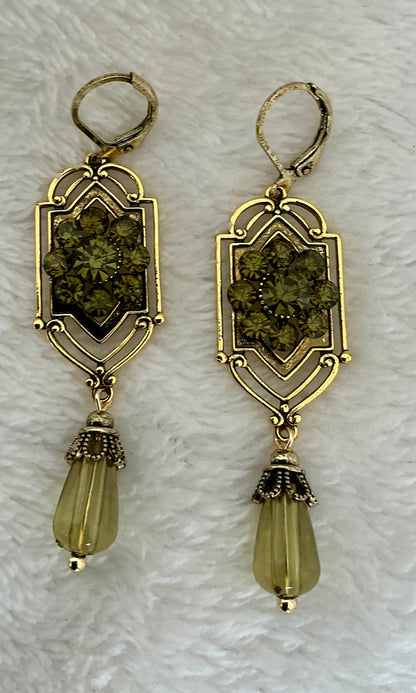 Bohemian Creative Geometric Openwork Design Long Women's Earrings with Teardrop Synthetic Gemstone Pendant, Court-style Vintage Women's Earrings