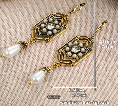 Bohemian Creative Geometric Openwork Design Long Women's Earrings with Teardrop Synthetic Gemstone Pendant, Court-style Vintage Women's Earrings