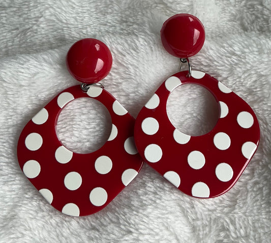 Elegant Retro Style Red And White Polka Dot Hollow Large Dangle Earrings - 1 Pair Fashion Statement Jewelry