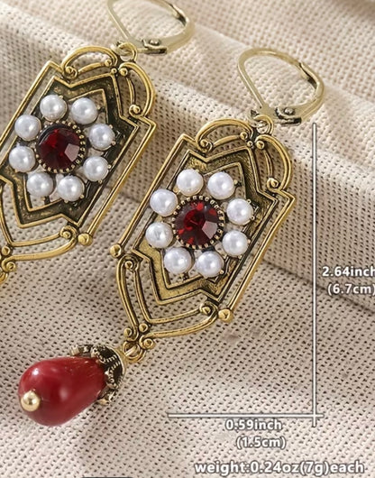 Bohemian Creative Geometric Openwork Design Long Women's Earrings with Teardrop Synthetic Gemstone Pendant, Court-style Vintage Women's Earrings