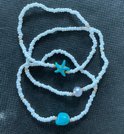 3pcs Set, Women's Anklets, Artificial Starfish Synthetic Turquoise White Rice Bead