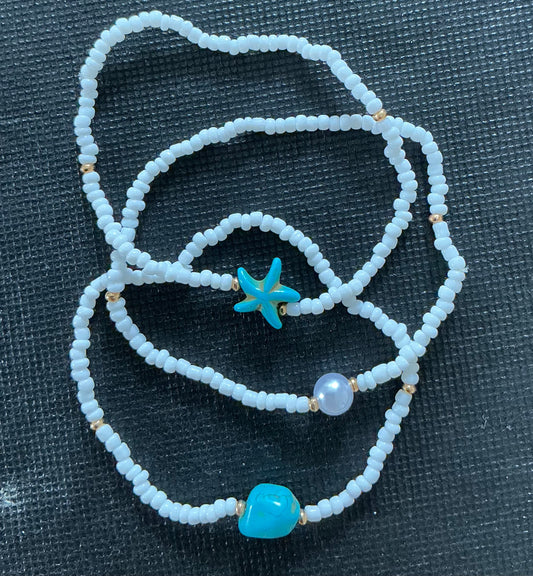3pcs Set, Women's Anklets, Artificial Starfish Synthetic Turquoise White Rice Bead