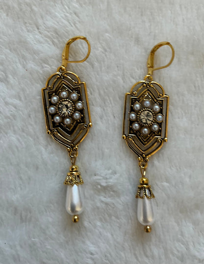 Bohemian Creative Geometric Openwork Design Long Women's Earrings with Teardrop Synthetic Gemstone Pendant, Court-style Vintage Women's Earrings