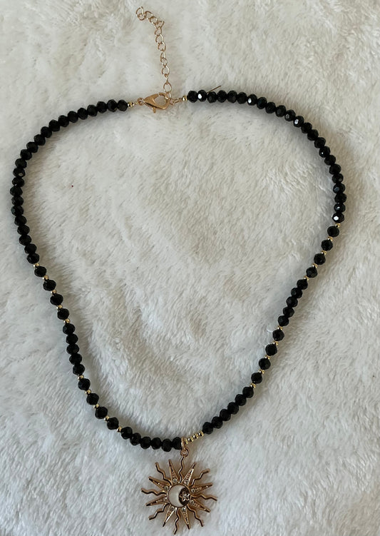 Star Moon Sun Oil Painting Glass Bead Strand Beaded Choker Necklace