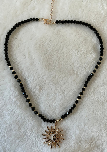 Star Moon Sun Oil Painting Glass Bead Strand Beaded Choker Necklace